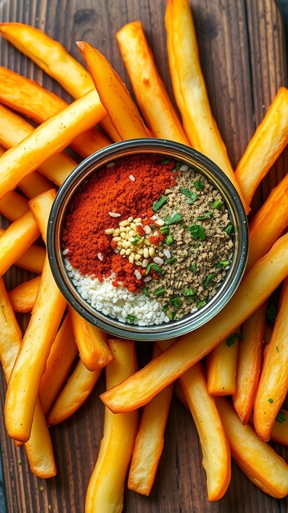 A bowl of homemade seasoning for fries next to crispy golden French fries on a wooden table.